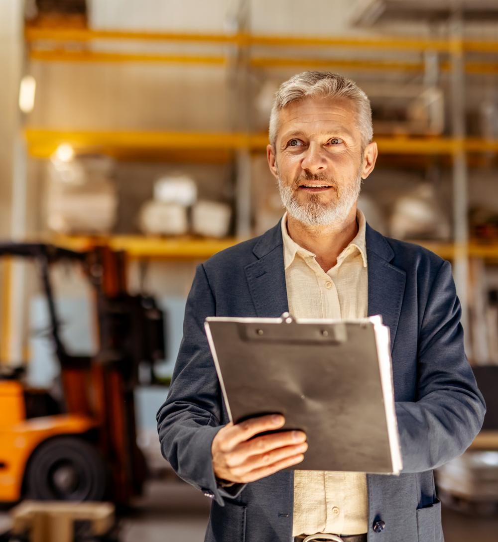 Warehouse manager holding a clipboard in an organized industrial facility