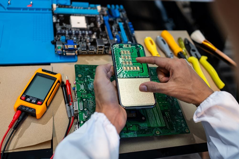 Technician inspecting a green circuit board on a workbench with tools and a meter