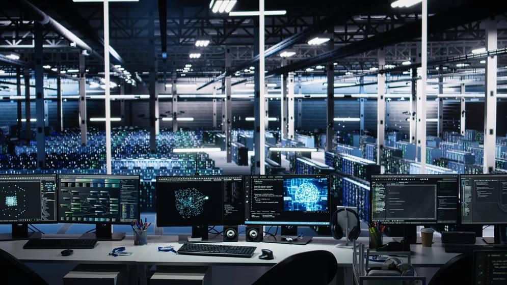 Data center control desk with monitors overlooking rows of server racks